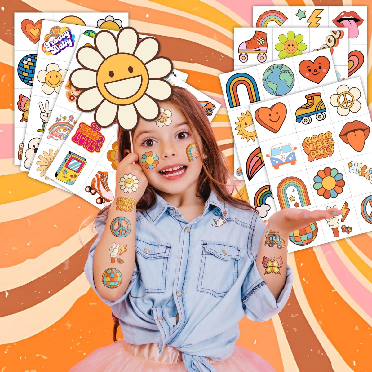 96 Pcs Groovy 70s Pre-Cut Temporary Tattoos - Retro Flower Power, Good Vibes Party Decorations & Favors for Kids, Boys & Girls - görsel 3