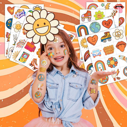 96 Pcs Groovy 70s Pre-Cut Temporary Tattoos - Retro Flower Power, Good Vibes Party Decorations & Favors for Kids, Boys & Girls