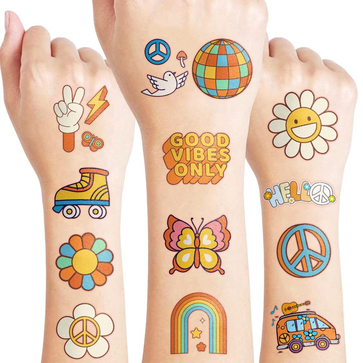 96 Pcs Groovy 70s Pre-Cut Temporary Tattoos - Retro Flower Power, Good Vibes Party Decorations & Favors for Kids, Boys & Girls - görsel 1
