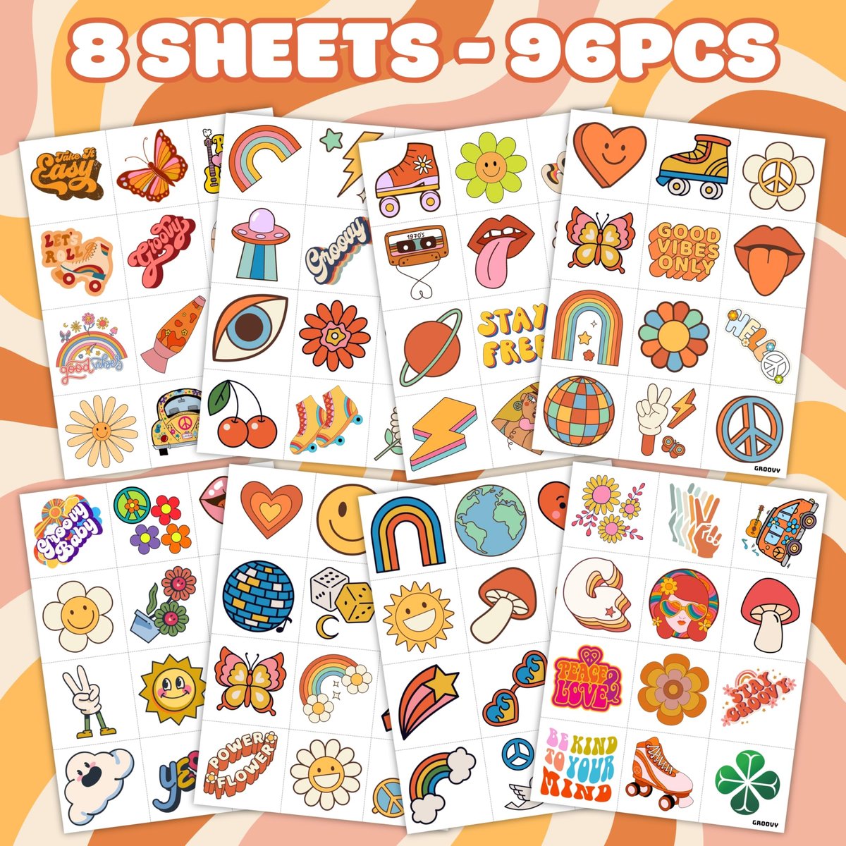96 Pcs Groovy 70s Pre-Cut Temporary Tattoos - Retro Flower Power, Good Vibes Party Decorations & Favors for Kids, Boys & Girls - görsel 7
