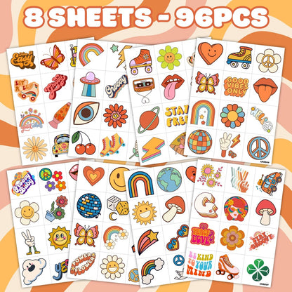 96 Pcs Groovy 70s Pre-Cut Temporary Tattoos - Retro Flower Power, Good Vibes Party Decorations & Favors for Kids, Boys & Girls
