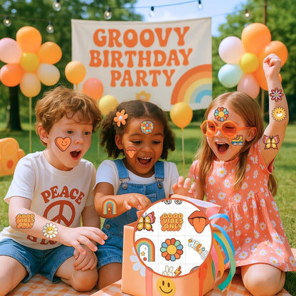 96 Pcs Groovy 70s Pre-Cut Temporary Tattoos - Retro Flower Power, Good Vibes Party Decorations & Favors for Kids, Boys & Girls