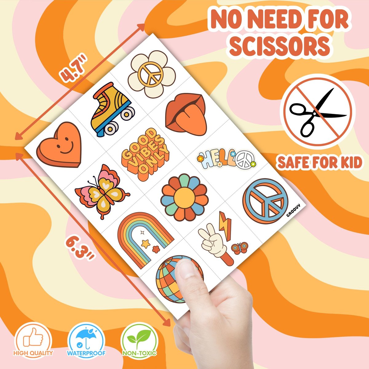 96 Pcs Groovy 70s Pre-Cut Temporary Tattoos - Retro Flower Power, Good Vibes Party Decorations & Favors for Kids, Boys & Girls - görsel 9