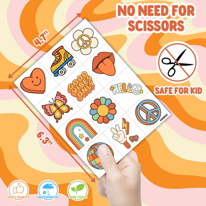 96 Pcs Groovy 70s Pre-Cut Temporary Tattoos - Retro Flower Power, Good Vibes Party Decorations & Favors for Kids, Boys & Girls