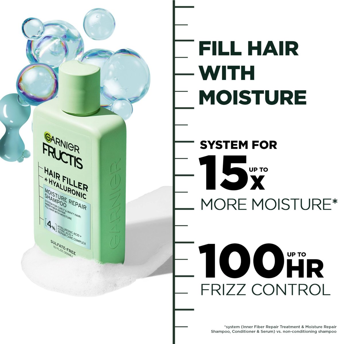 Garnier Fructis Hair Filler Moisture Repair Shampoo, Sulfate Free Shampoo for Curly, Wavy Hair with Hyaluronic Acid, 10.1 Fl Oz - görsel 5
