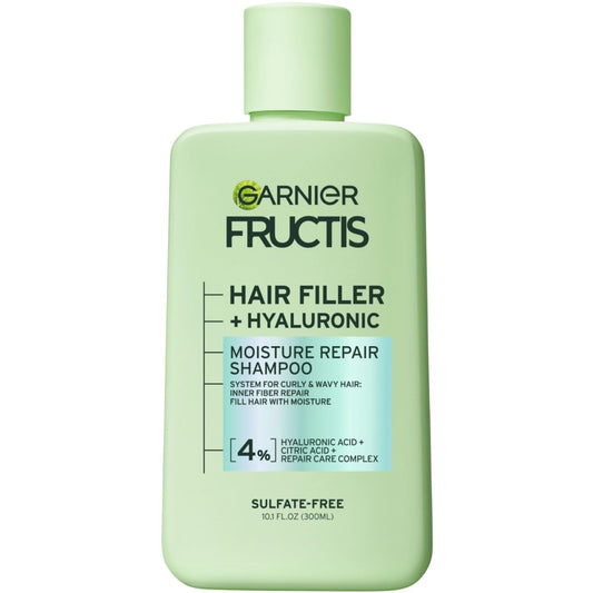 Garnier Fructis Hair Filler Moisture Repair Shampoo, Sulfate Free Shampoo for Curly, Wavy Hair with Hyaluronic Acid, 10.1 Fl Oz