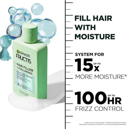 Garnier Fructis Hair Filler Moisture Repair Shampoo, Sulfate Free Shampoo for Curly, Wavy Hair with Hyaluronic Acid, 10.1 Fl Oz