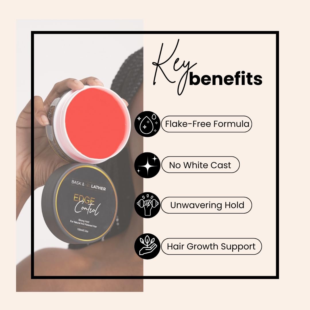 BASK & LATHER Strong Hold Edge Control Gel with Castor Oil - Non-Greasy, Non-Flaking, Long Lasting, 5.3 Fl Oz Avelisse