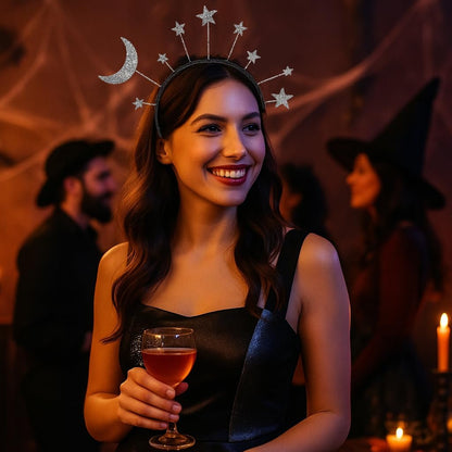 Oarkive Galaxy Moon and Star Headband – Silver Costume Headpiece for Women, Halloween & Christmas Party Accessory