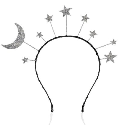 Oarkive Galaxy Moon and Star Headband – Silver Costume Headpiece for Women, Halloween & Christmas Party Accessory
