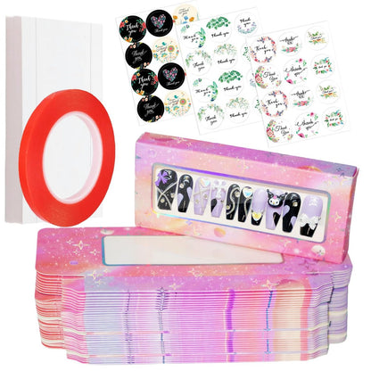 Yazabai 74-Piece Press on Nails Packaging Box Set – Empty Nail Boxes, White Background Paper, Double Sided Tape & Thank You Stickers for Nail Business