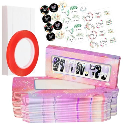 Yazabai 74-Piece Press on Nails Packaging Box Set – Empty Nail Boxes, White Background Paper, Double Sided Tape & Thank You Stickers for Nail Business - görsel 2