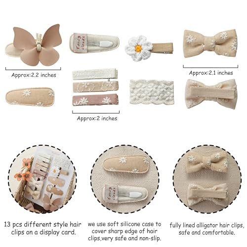 13 Pcs Hair Clips for Girls with Bows, Butterfly, Flower - Fully Lined Alligator Clips & Barrettes, Handmade Hair Accessories for Baby, Toddler, Young Kids, School Age Girls Gifts - görsel 9