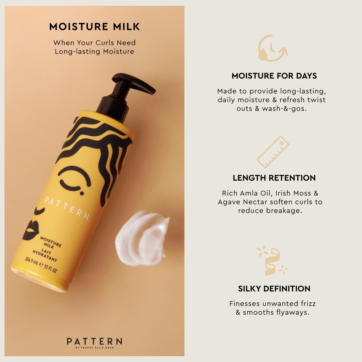 PATTERN by Tracee Ellis Ross Moisture Hair Milk - 12 oz / 354.9 ml - Lightweight Hydrating Leave-In for Curly, Coily, and Textured Hair Avelisse
