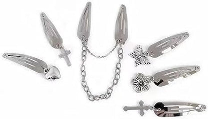 4 PCS Silver Metal Snap Hair Clips with Chain Cross Heart Pendant - BWESOO