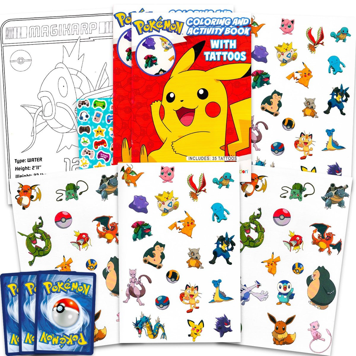 Pokemon Tattoos Party Favors Set - 70 Temporary Tattoos for Kids, Boys, Girls Plus Trading Cards, More | Pokemon Party Supplies Pack - görsel 1