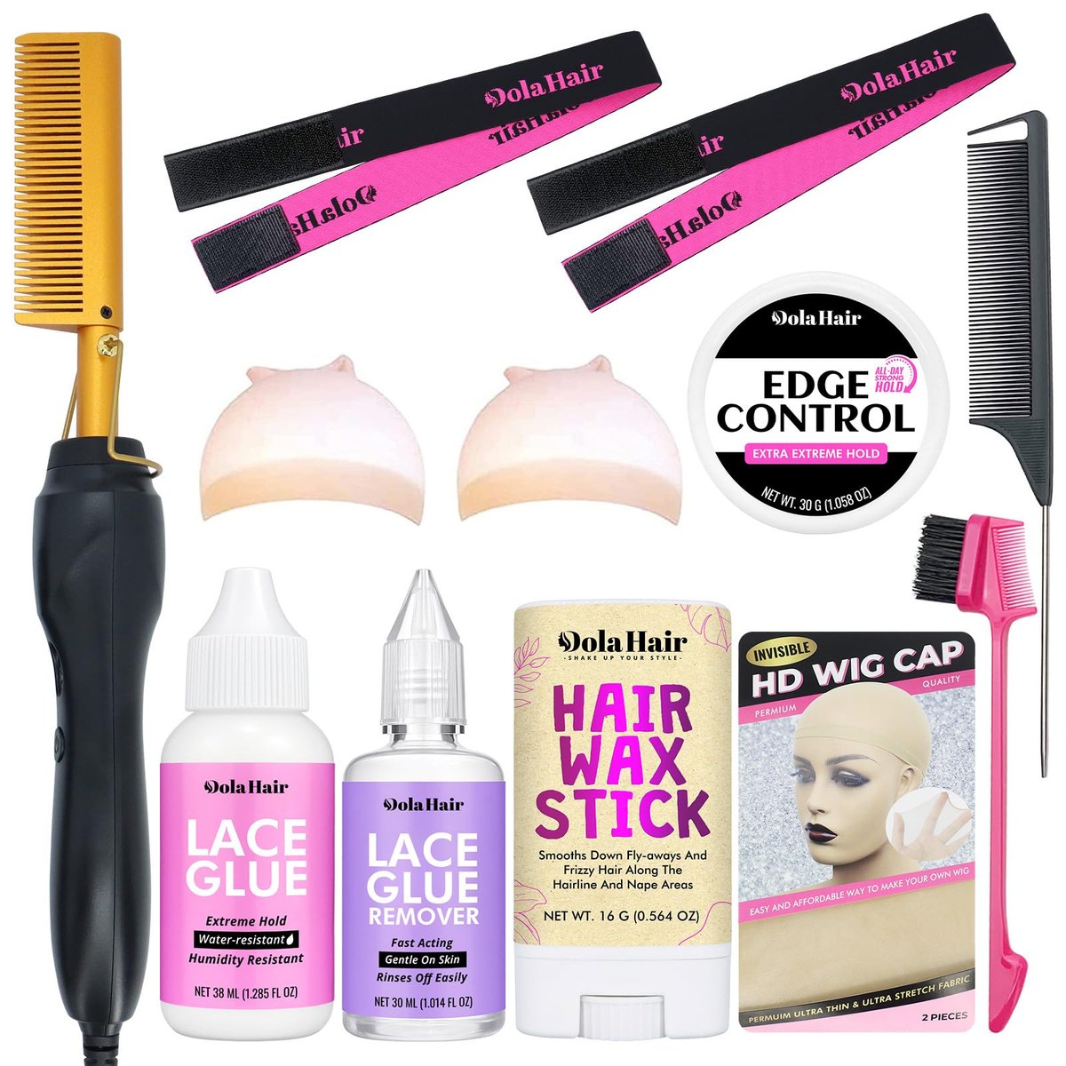 Dolahair Electric Hot Comb for Wigs & Lace Front Wigs - 10-Piece Set with Flat Iron Comb, Lace Melting Band & Wig Installation Kit Avelisse