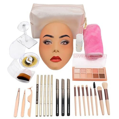 3D Makeup Practice Board - Silicone Face Mannequin with Brushes, Eyebrow Pencils, Eyelashes, Bag & Remover Towel