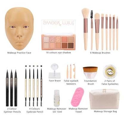 3D Makeup Practice Board - Silicone Face Mannequin with Brushes, Eyebrow Pencils, Eyelashes, Bag & Remover Towel