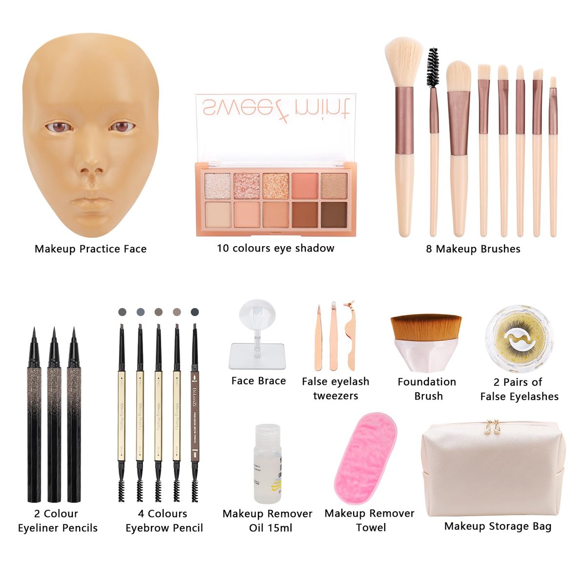 3D Makeup Practice Board - Silicone Face Mannequin with Brushes, Eyebrow Pencils, Eyelashes, Bag & Remover Towel - görsel 5
