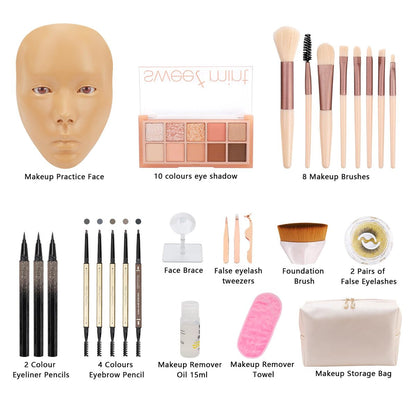 3D Makeup Practice Board - Silicone Face Mannequin with Brushes, Eyebrow Pencils, Eyelashes, Bag & Remover Towel