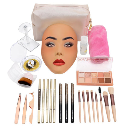 3D Makeup Practice Board - Silicone Face Mannequin with Brushes, Eyebrow Pencils, Eyelashes, Bag & Remover Towel