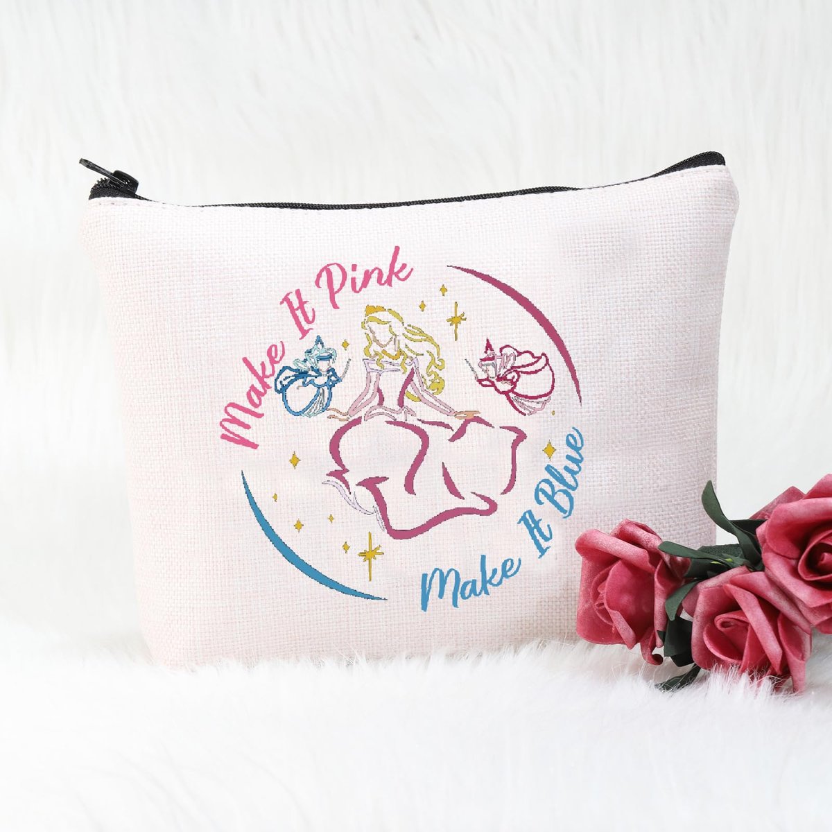 POFULL Fairy Tale Inspired Make It Pink Make It Blue Cosmetic Bag - Sleeping Princess Gift (Make It Pink Bag) - görsel 11
