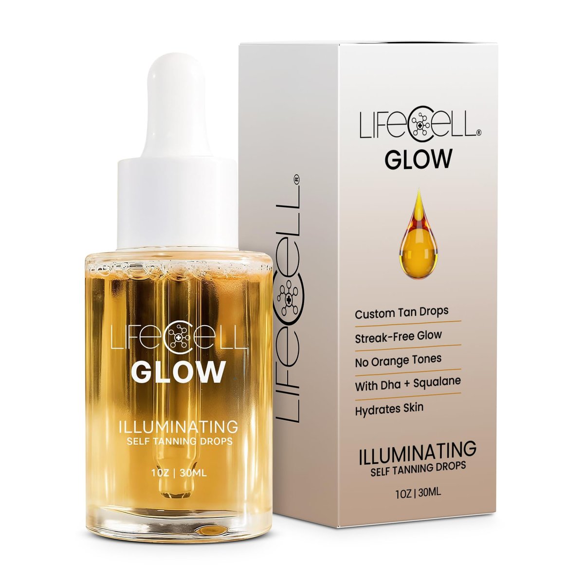 LifeCell Glow Self-Tanning Drops for Face & Body - Customizable Tan with DHA & Squalane, Streak-Free, Hydrating, Fragrance-Free, Non-Comedogenic, Safe for All Skin Types, 1 Fl Oz Avelisse