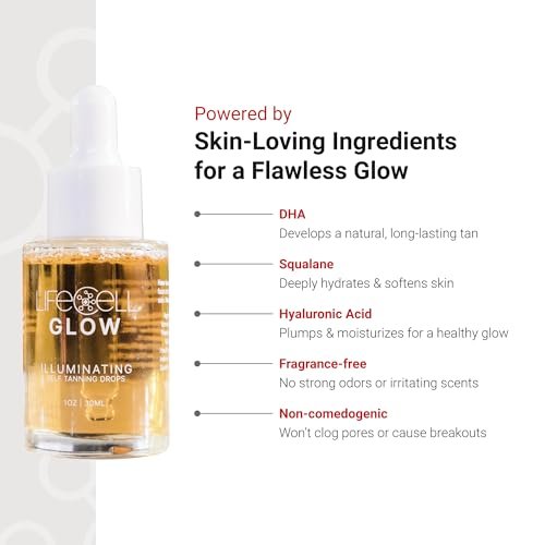 LifeCell Glow Self-Tanning Drops for Face & Body - Customizable Tan with DHA & Squalane, Streak-Free, Hydrating, Fragrance-Free, Non-Comedogenic, Safe for All Skin Types, 1 Fl Oz Avelisse