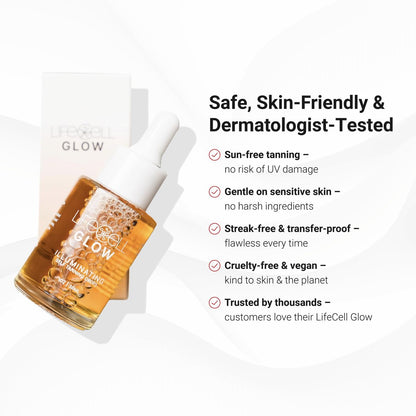 LifeCell Glow Self-Tanning Drops for Face & Body - Customizable Tan with DHA & Squalane, Streak-Free, Hydrating, Fragrance-Free, Non-Comedogenic, Safe for All Skin Types, 1 Fl Oz Avelisse