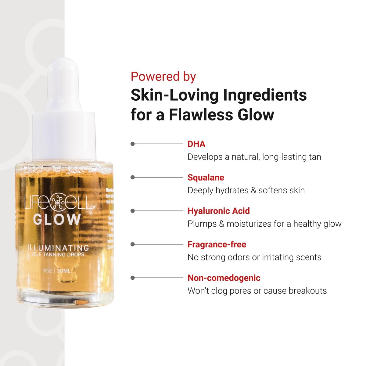 LifeCell Glow Self-Tanning Drops for Face & Body - Customizable Tan with DHA & Squalane, Streak-Free, Hydrating, Fragrance-Free, Non-Comedogenic, Safe for All Skin Types, 1 Fl Oz Avelisse