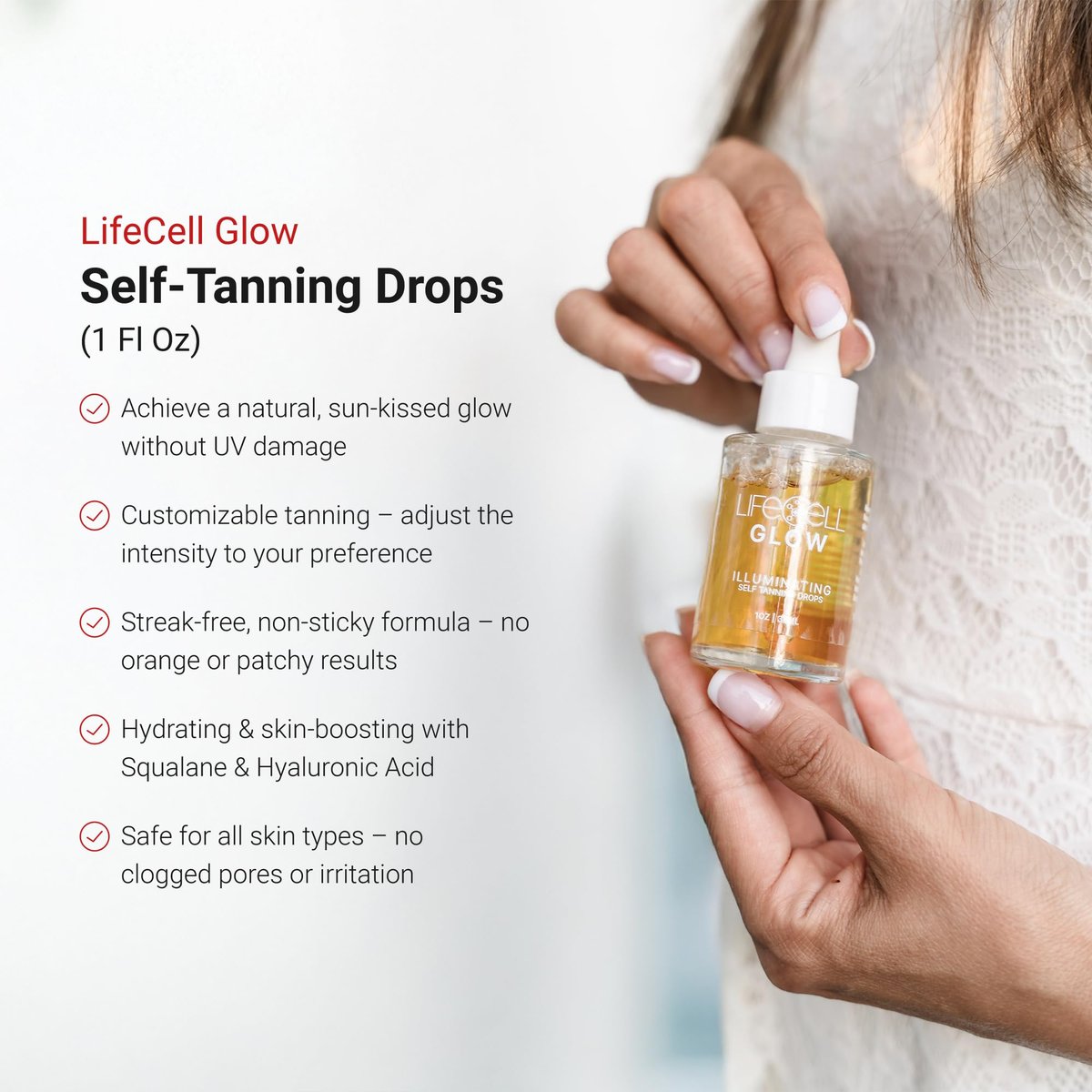 LifeCell Glow Self-Tanning Drops for Face & Body - Customizable Tan with DHA & Squalane, Streak-Free, Hydrating, Fragrance-Free, Non-Comedogenic, Safe for All Skin Types, 1 Fl Oz Avelisse