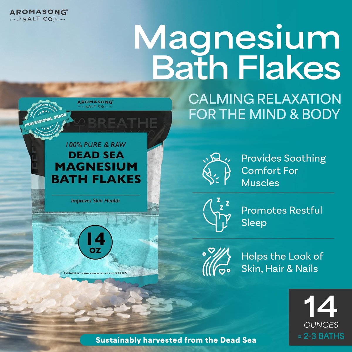 Aromasong Magnesium Flakes from The Dead Sea - 14 OZ Resealable Pack | Muscle Relaxing Magnesium Chloride Bath Salts Soak - görsel 3