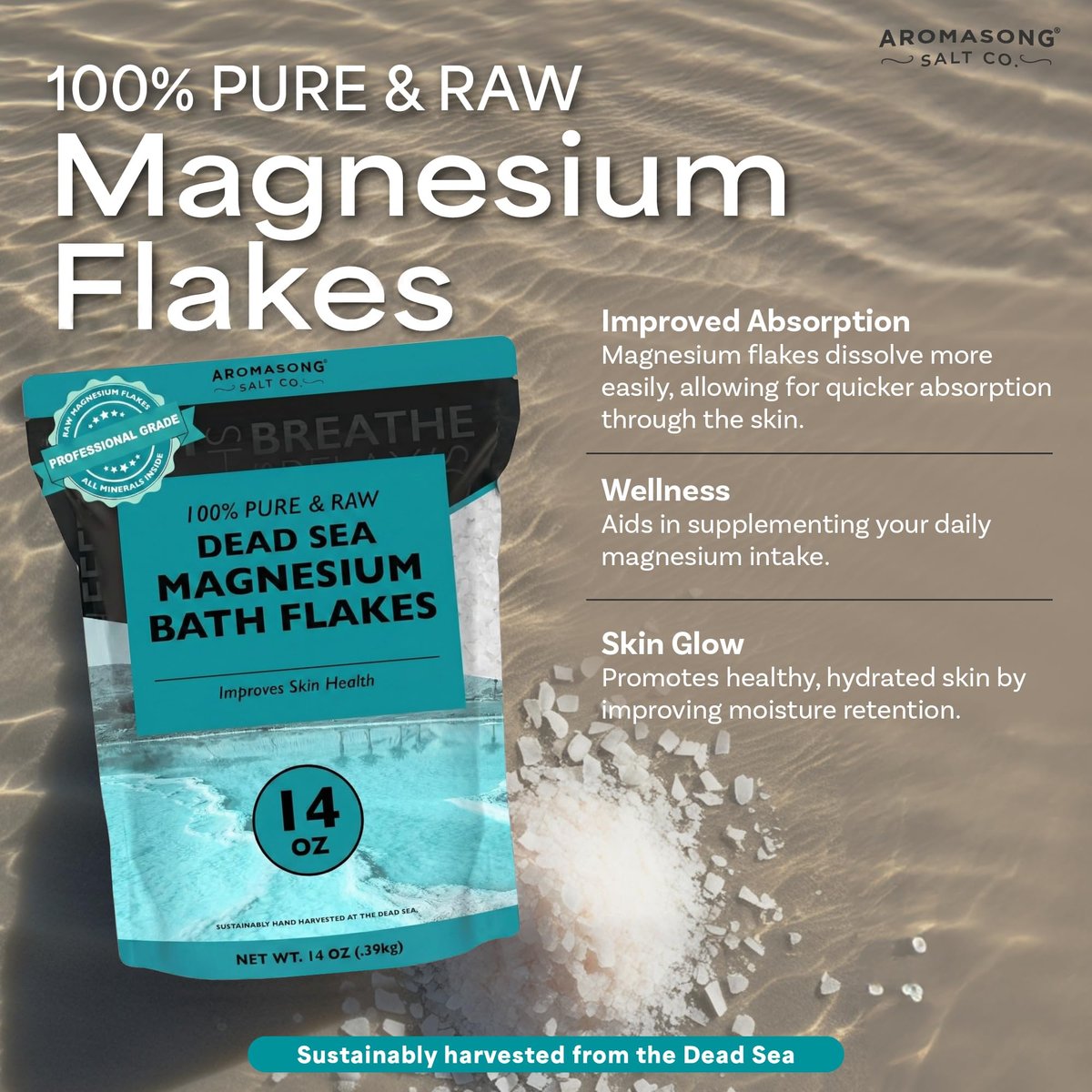 Aromasong Magnesium Flakes from The Dead Sea - 14 OZ Resealable Pack | Muscle Relaxing Magnesium Chloride Bath Salts Soak - görsel 5