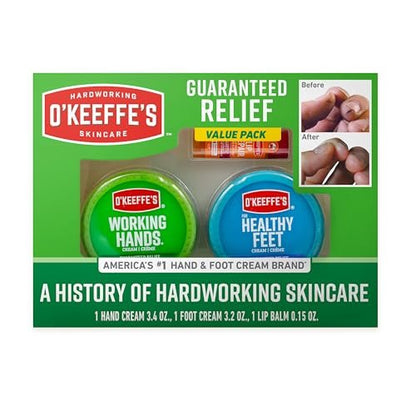 O'Keeffe's Gift Box: Lip Repair with Cherry & Vitamin E, Working Hands, Healthy Feet - 3 Piece Set
