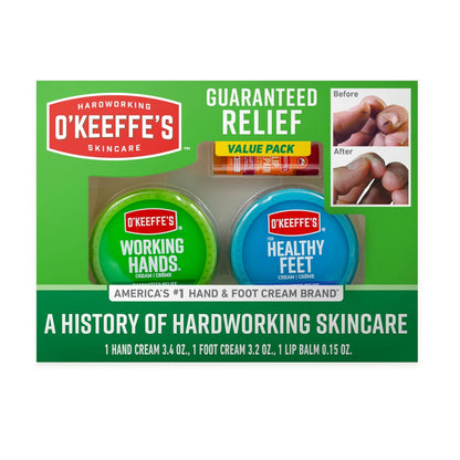 O'Keeffe's Gift Box: Lip Repair with Cherry & Vitamin E, Working Hands, Healthy Feet - 3 Piece Set
