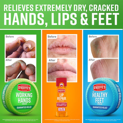 O'Keeffe's Gift Box: Lip Repair with Cherry & Vitamin E, Working Hands, Healthy Feet - 3 Piece Set