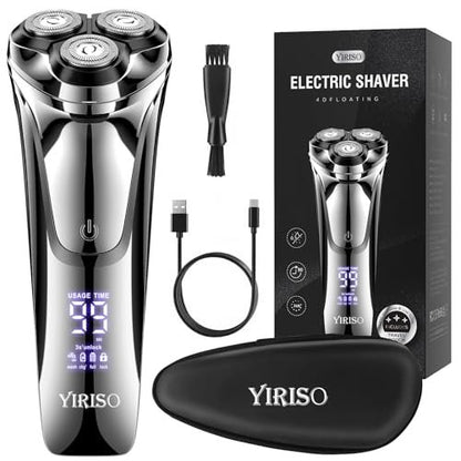 YIRISO Electric Razor for Men - 90Min Long-Lasting Rotary Shaver with 4D Floating Head & LCD Display, Ultra Smooth for Sensitive Skin, IPX6 Waterproof, USB-C Fast Charge, Travel Case - Ideal Gift Avelisse