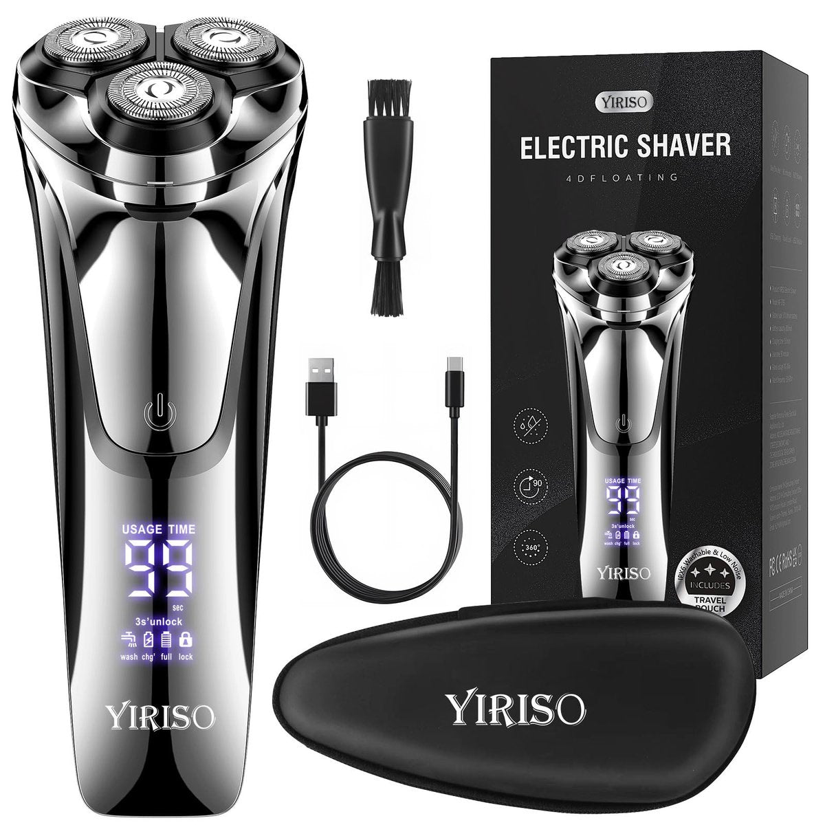 YIRISO Electric Razor for Men - 90Min Long-Lasting Rotary Shaver with 4D Floating Head & LCD Display, Ultra Smooth for Sensitive Skin, IPX6 Waterproof, USB-C Fast Charge, Travel Case - Ideal Gift Avelisse