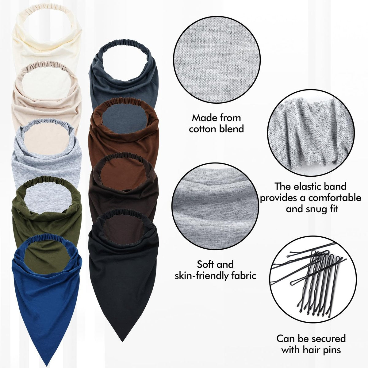 Lawie 9 Pack Solid Large Cotton Triangle Head Scarf Elastic Hair Bandana Headbands Plain Silk Head Coverings Neck Scarves Wraps Blank Headscarf Kerchief Bulk for Women Avelisse