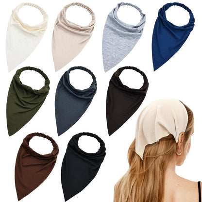 Lawie 9 Pack Solid Large Cotton Triangle Head Scarf Elastic Hair Bandana Headbands Plain Silk Head Coverings Neck Scarves Wraps Blank Headscarf Kerchief Bulk for Women Avelisse