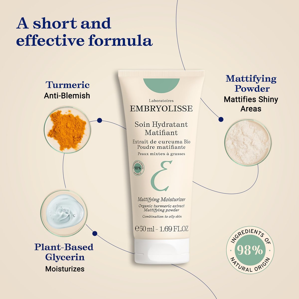 Embryolisse Mattifying Moisturizer with Organic Turmeric Extract – Oil-Control Face Cream for Oily & Combination Skin, Lightweight Hydration, Non-Comedogenic, 1.69 Fl Oz Avelisse