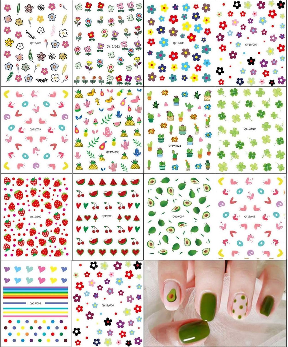 Cute Nail Stickers for Kids – 14 Sheets Rainbow Flower Fruit Nail Art Decals Self-Adhesive - görsel 3