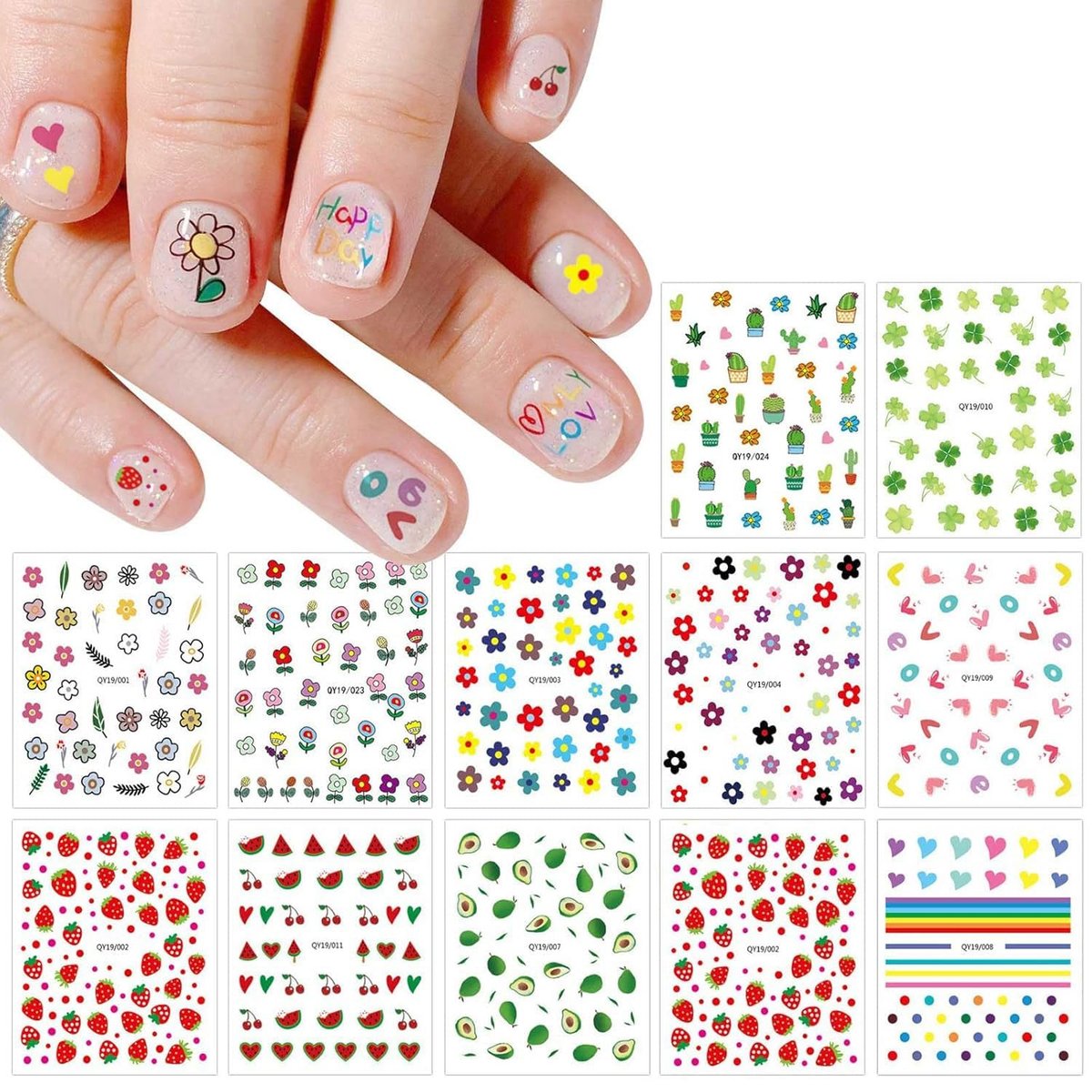 Cute Nail Stickers for Kids – 14 Sheets Rainbow Flower Fruit Nail Art Decals Self-Adhesive - görsel 1