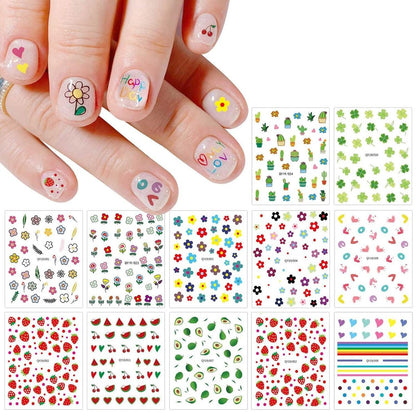 Cute Nail Stickers for Kids – 14 Sheets Rainbow Flower Fruit Nail Art Decals Self-Adhesive