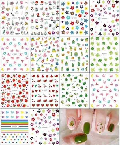 Cute Nail Stickers for Kids – 14 Sheets Rainbow Flower Fruit Nail Art Decals Self-Adhesive