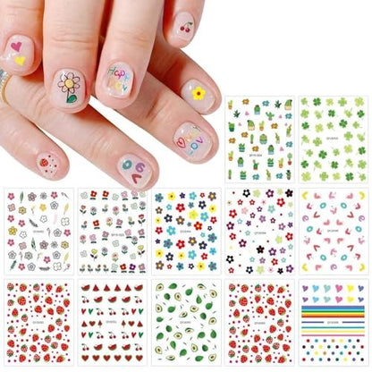 Cute Nail Stickers for Kids – 14 Sheets Rainbow Flower Fruit Nail Art Decals Self-Adhesive