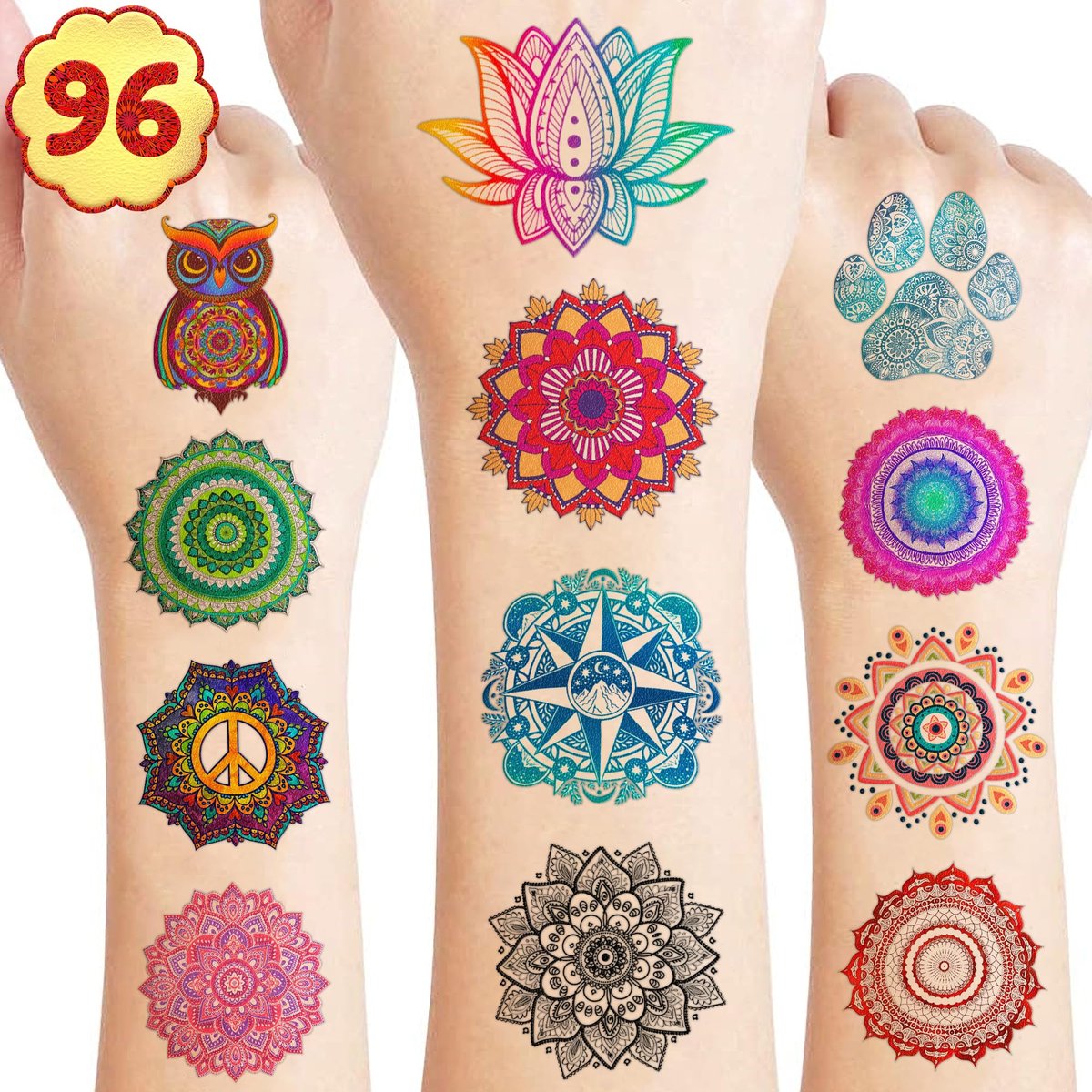 96PCS Pre-Cut Mandala Temporary Tattoos - Indian Decorations Themed Stickers for Boys and Girls Birthday Party Supplies, Decorations, Favors, and Prizes - Cute Gifts - görsel 1