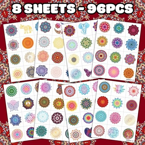 96PCS Pre-Cut Mandala Temporary Tattoos - Indian Decorations Themed Stickers for Boys and Girls Birthday Party Supplies, Decorations, Favors, and Prizes - Cute Gifts - görsel 6