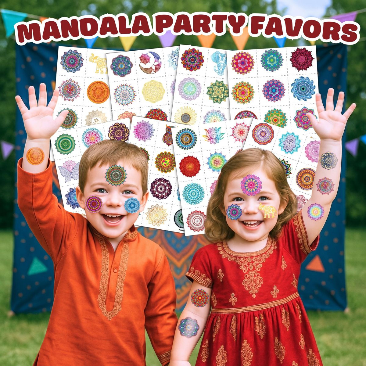 96PCS Pre-Cut Mandala Temporary Tattoos - Indian Decorations Themed Stickers for Boys and Girls Birthday Party Supplies, Decorations, Favors, and Prizes - Cute Gifts - görsel 3
